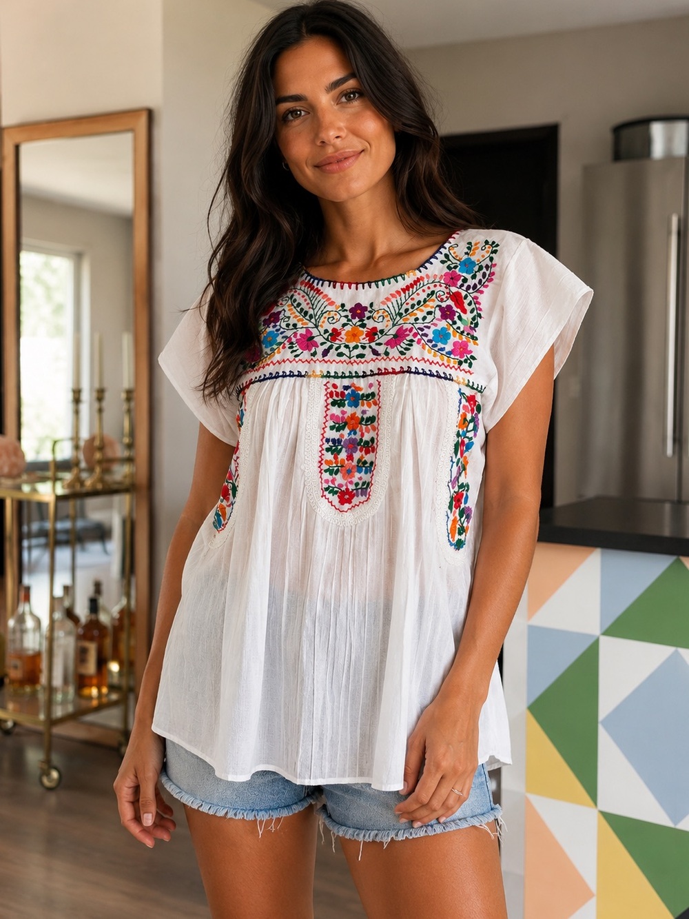 Mexican Embroidered Huipil Blouse White Cotton Gauze Floral Artisan Top Medium